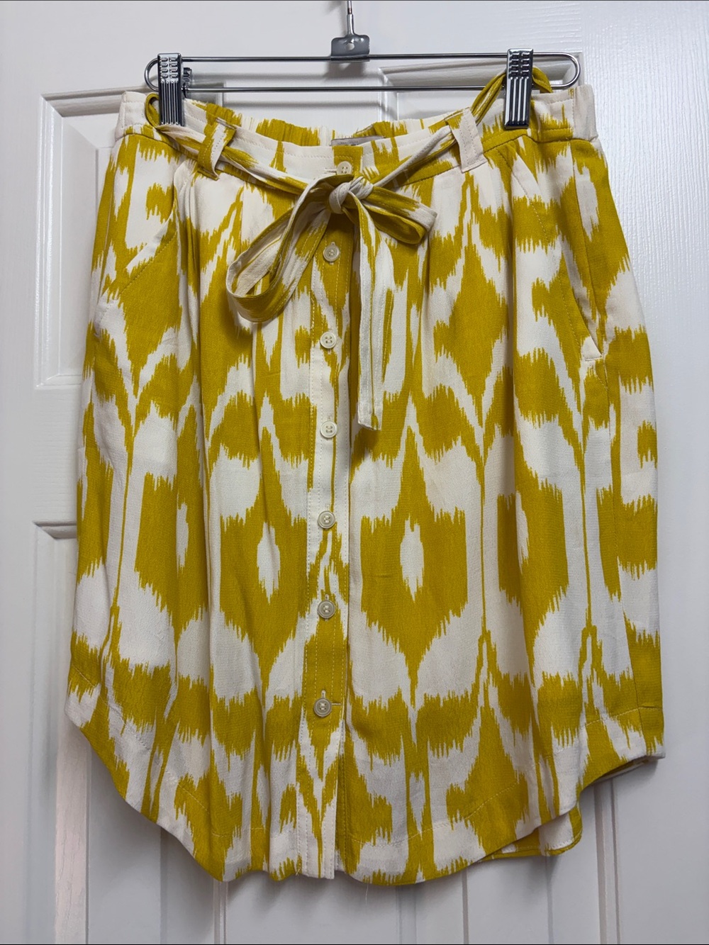 Ann Taylor loft Button-Front Ikat Print Skirt with Waist Tie - Mustard White